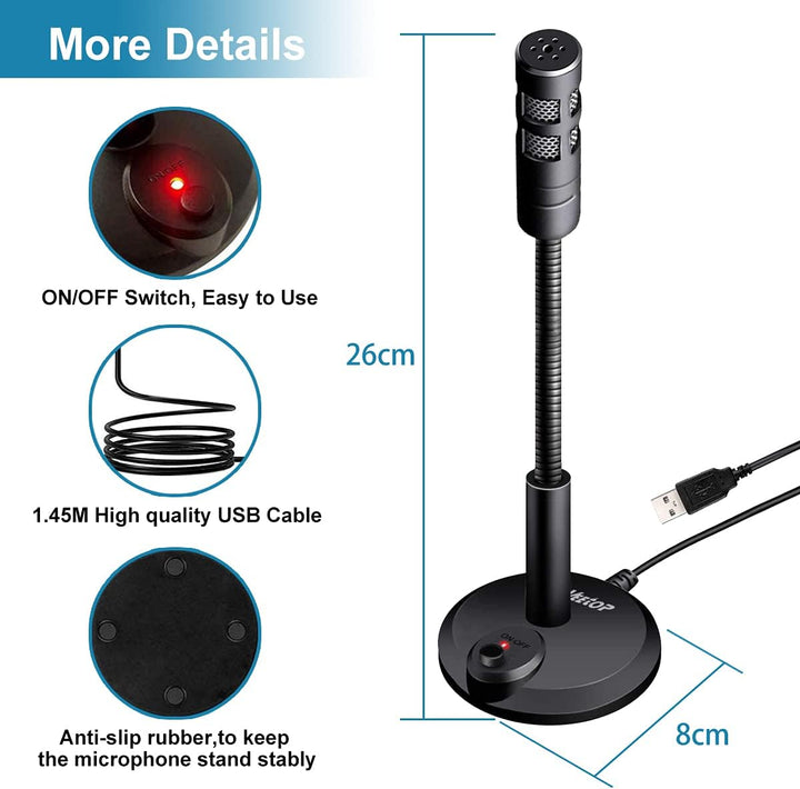 Veetop USB Mikrofon PC und Laptop, Standmikrofon mit 360 Grad Aufnahmefähigkeit, Rauschunterdrückung