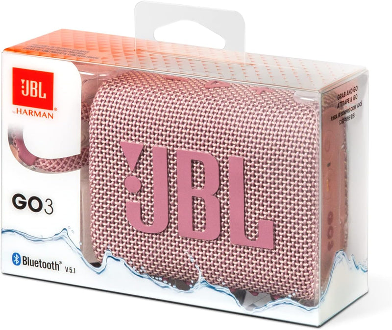 JBL GO 3 kleine Bluetooth Box in Pink – Wasserfester, tragbarer Lautsprecher für unterwegs – Bis zu