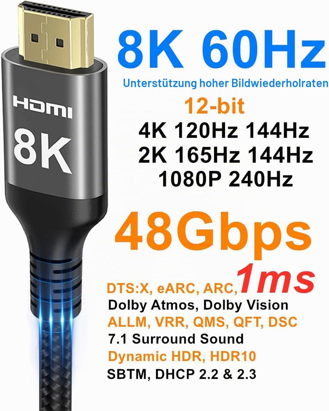 Ubluker 8K HDMI Kabel 15m, Nylon Geflochtenes High Speed HDMI® Kabel 4k 120Hz 2k 165Hz 8k 60Hz 12bit