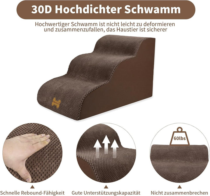 Nepfaivy Hundetreppe für Kleine Hunde 3-Stufig, Haustiertreppe für Bett und Sofa aus Hochdichtem Sch