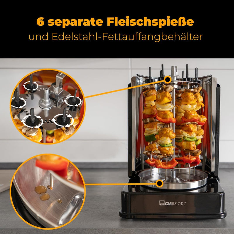 Clatronic DVG 3686 elektrischer Dönergrill, 3in1 Döner-/Hähnchen und Schaschlik-Vertikal-Multigrill,