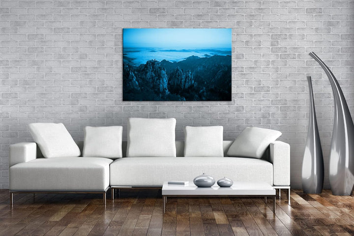 die Gelben Berge in China Format 80x60 Effekt: Monocrome Blau als Leinwandbild, Motiv fertig gerahmt