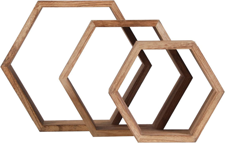 MITREL Hexagon Wandregal, Wohnzimmer Deko Wand, Holz Hängeregal für Schlafzimmer, 3er-Set(Karbonisie
