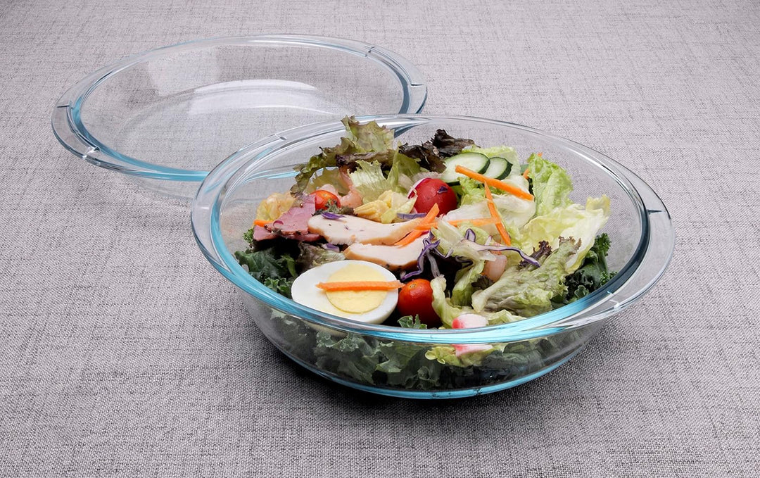 Rund Auflaufform aus Gehärtetem Glas, 1,8L Glas Backform mit Deckel für Backofen, Gefrierschrank und