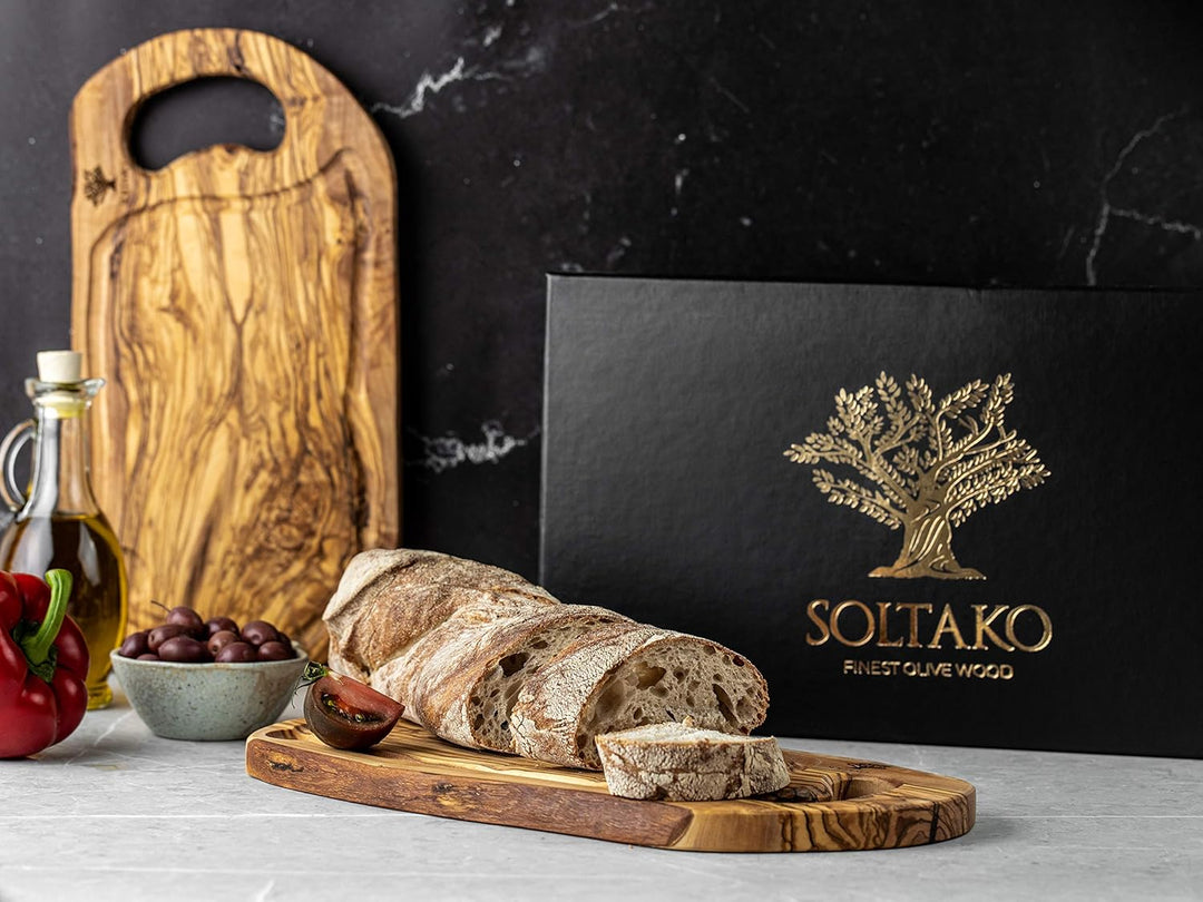 SOLTAKO Olivenholz Schneidebrett, Holzbrett, Servierbrett, Frühstücksbrett, Steakbrett, Brett mit He