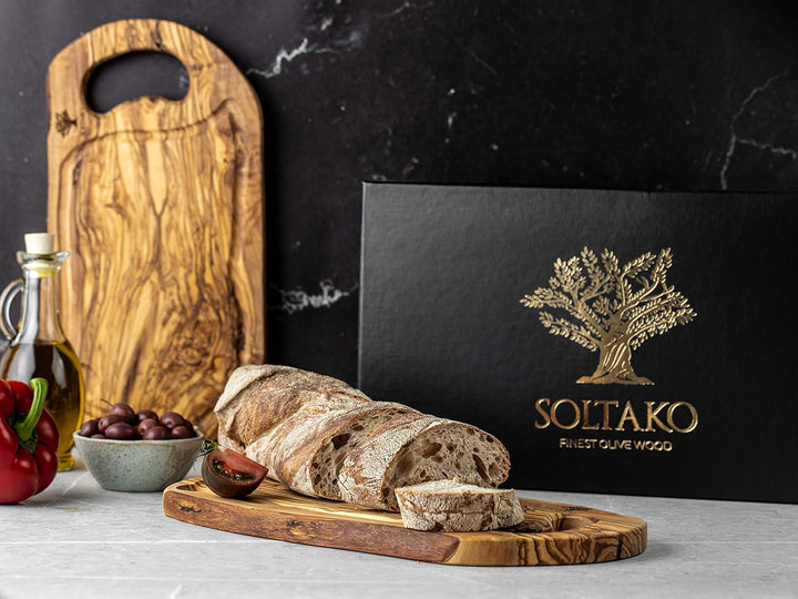 SOLTAKO Olivenholz Schneidebrett, Holzbrett, Servierbrett, Frühstücksbrett, Steakbrett, Brett mit He