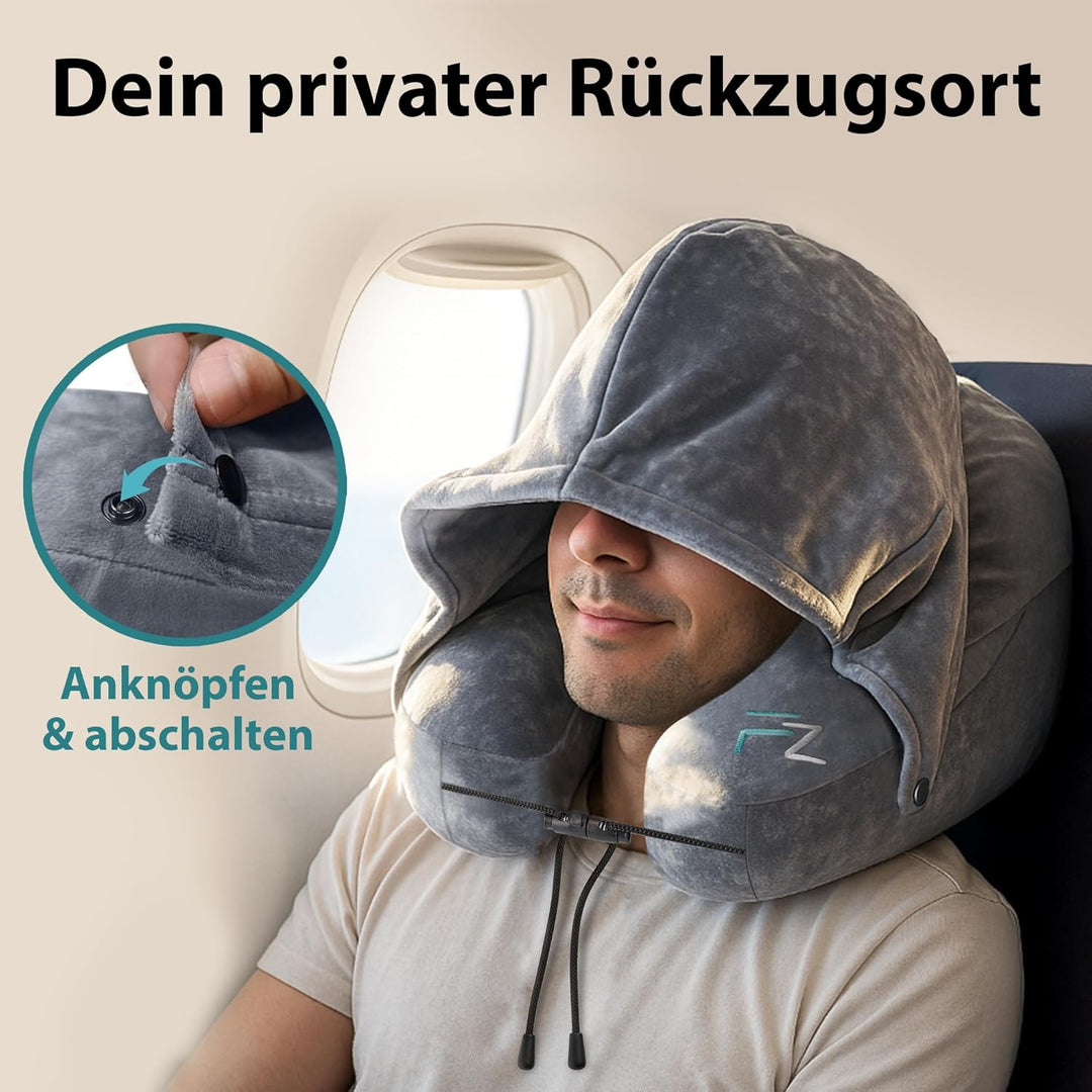 Nackenkissen aufblasbar von FLOWZOOM - aufblasbares Nackenhörnchen für Reisen in Flugzeug, Auto, Zug