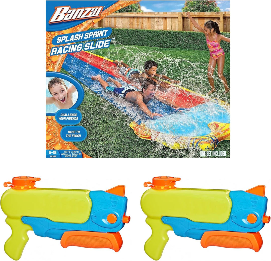 BANZAI Outdoor Challenge Party Pack – 1 Duo Rasen-Wasserrutsche 4,88m & 2 Wasserblaster kompatibel m