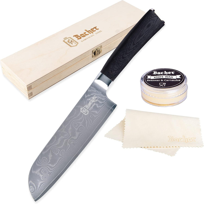 Bacher Santoku Damastmesser 18 cm - Damast Küchenmesser Geschmiedet aus 67 Legen AUS 10V - Profi Sch