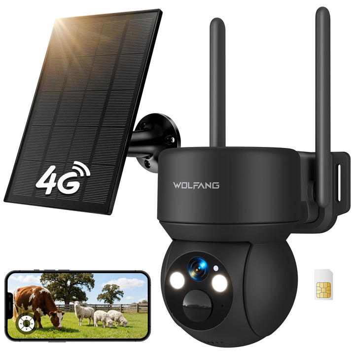 WOLFANG Wildkamera 4G LTE Mobilfunkkamera Solarbetrieben mit 2,5K View Live Video, Pan 355° Neigung