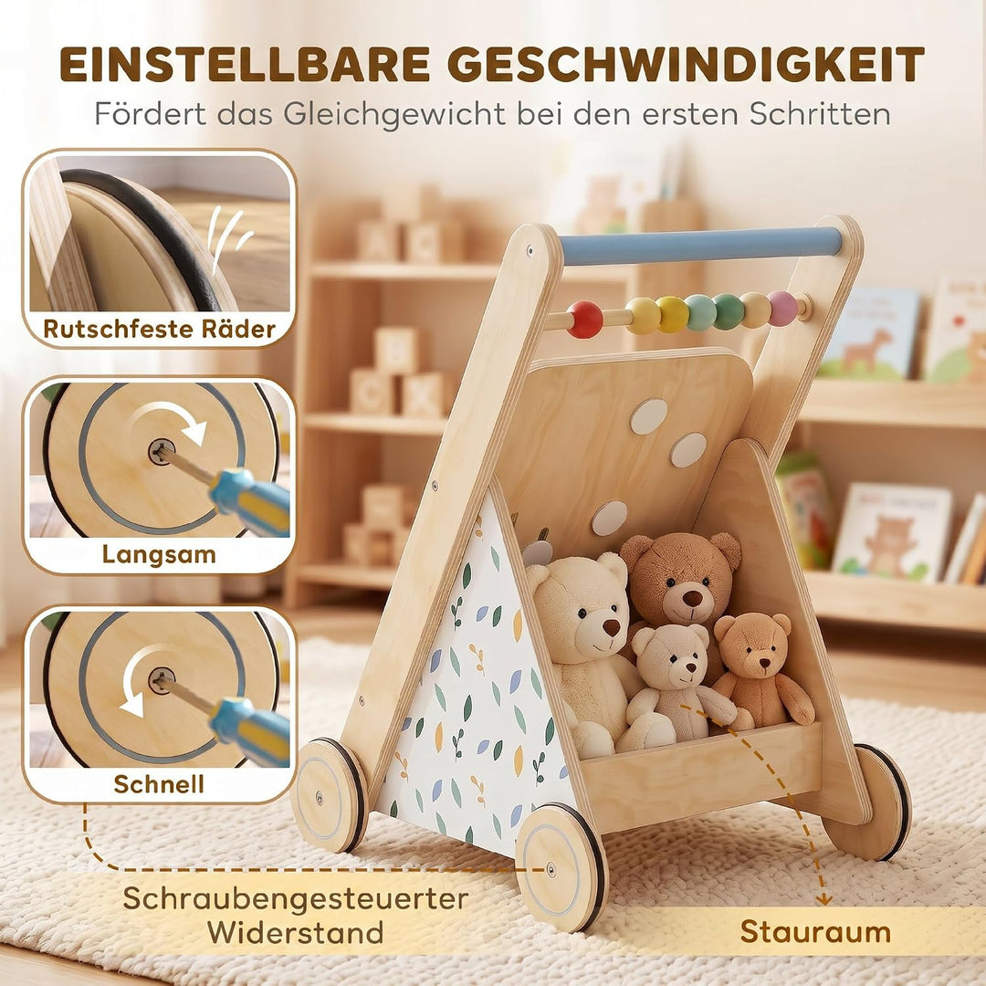 AIYAPLAY Baby Lauflernwagen Holz Gehhilfe mit Rädern ab 18 Monaten | Regulierbare Geschwindigkeit, L