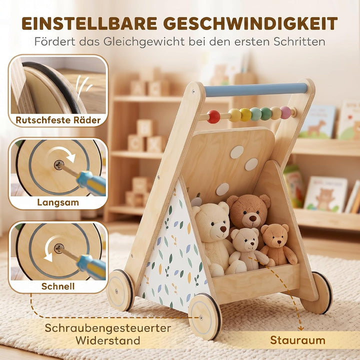 AIYAPLAY Baby Lauflernwagen Holz Gehhilfe mit Rädern ab 18 Monaten | Regulierbare Geschwindigkeit, L