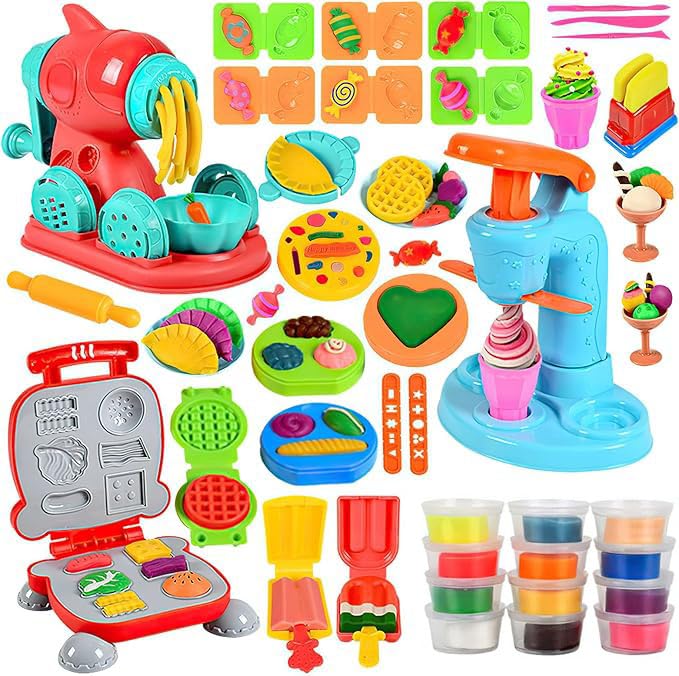 Polegas 51 Stück Knete Set, Knete Zubehör Kitchen Creations Spielset mit Eismaschine Nudelmaschine B