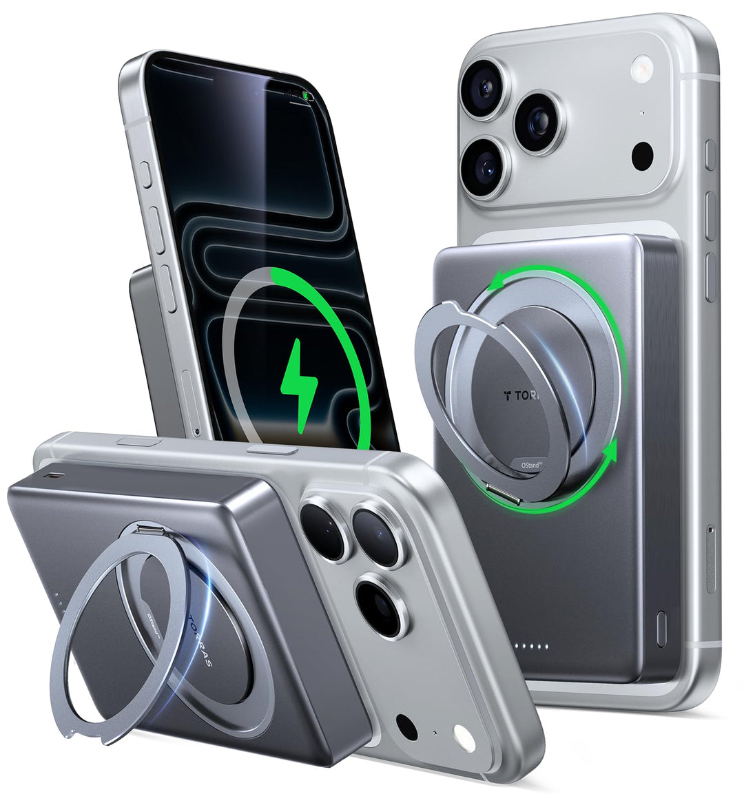 TORRAS Ostand MiniMag Ultra Slim Powerbank für Magsafe, Integrierter 360° Ständer 18W Schnellladen 1