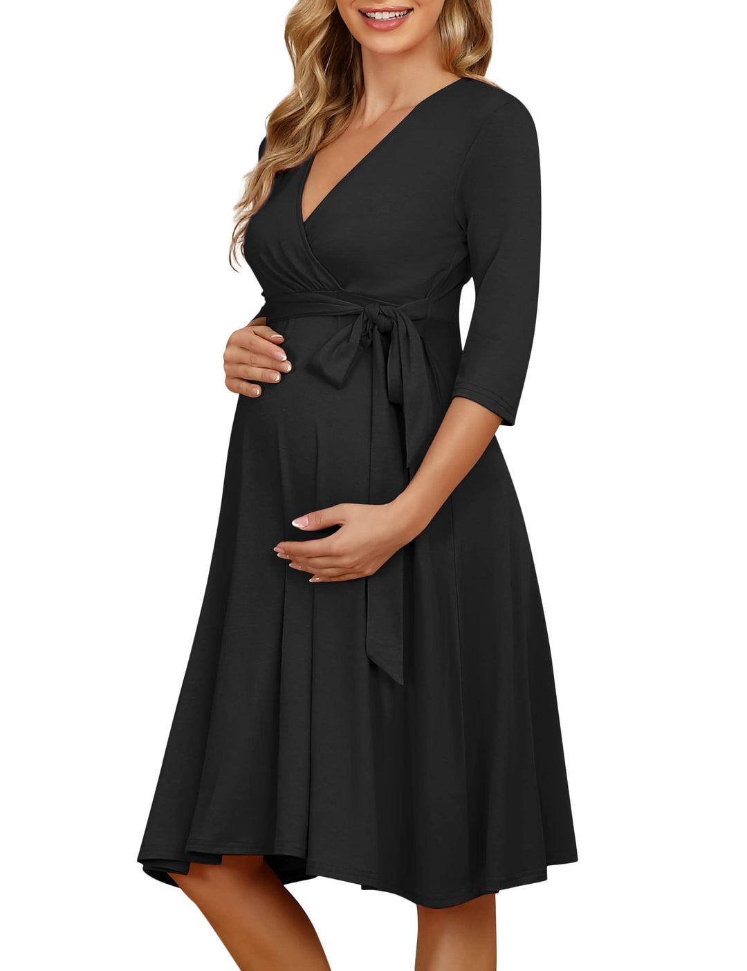 KOJOOIN Damen Umstandskleid Schwangerschafts Kleid für Schwangere Stillkleid V-Ausschnitt Langarm mi