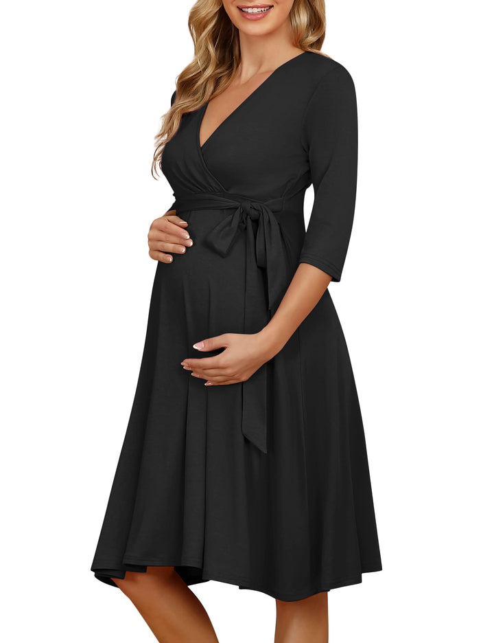 KOJOOIN Damen Umstandskleid Schwangerschafts Kleid für Schwangere Stillkleid V-Ausschnitt Langarm mi
