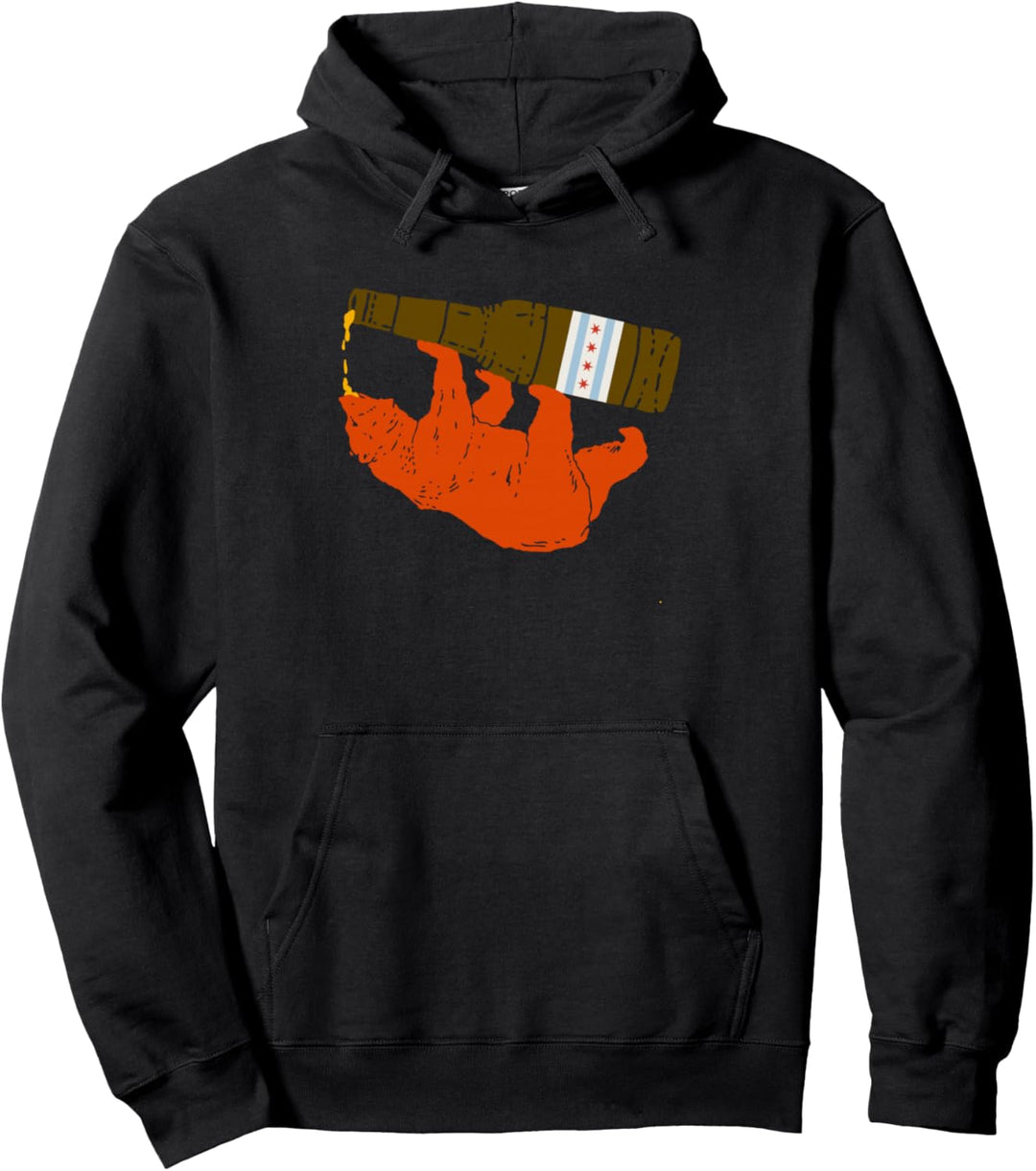 Chicago Orange Bear Drinking Beer - Chicago Flag Pullover Hoodie