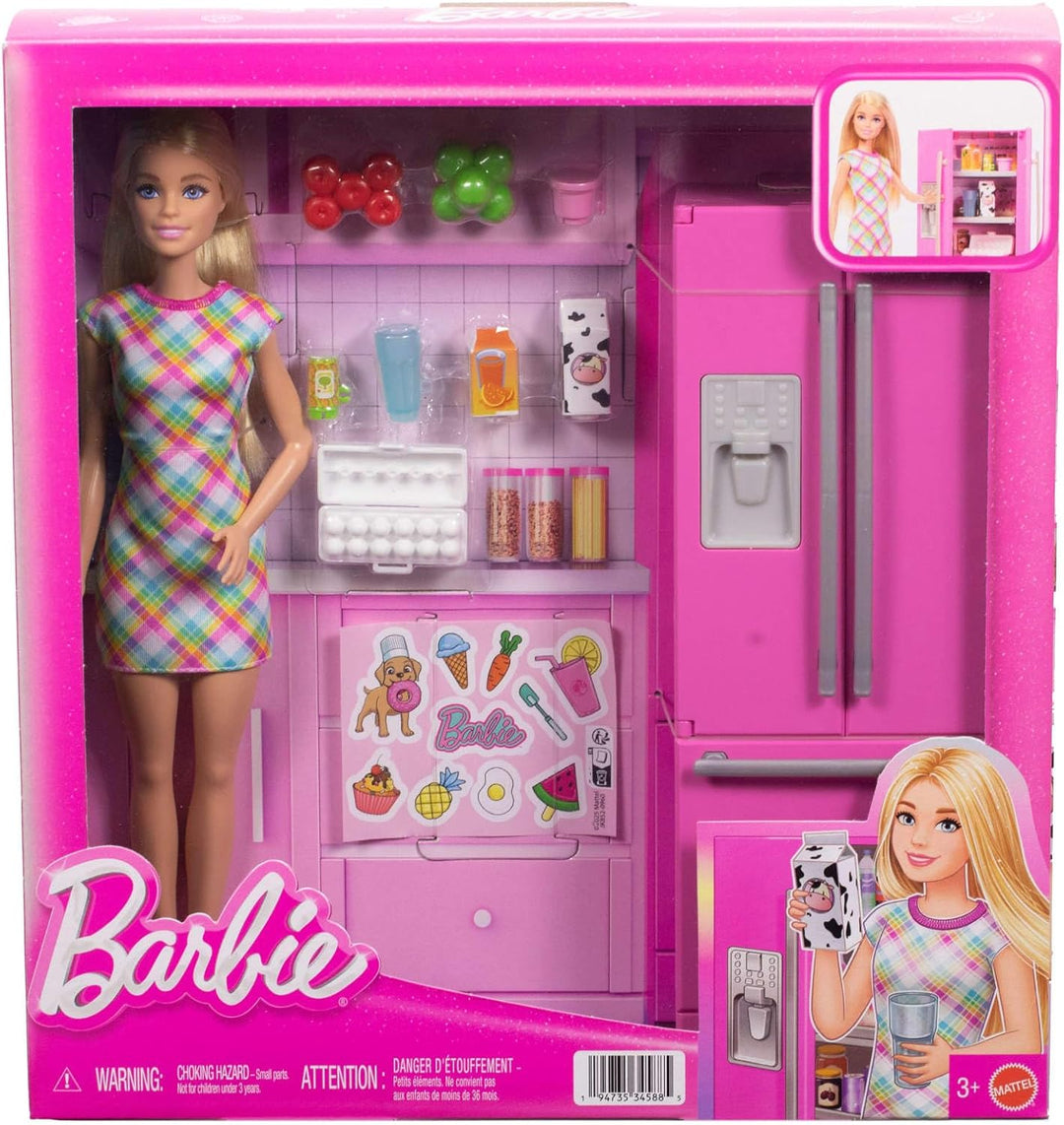 Barbie-Puppe und Küche Spielset mit Kühlschrank und 10 Zubehörteilen, darunter Essen und Aufkleberbo