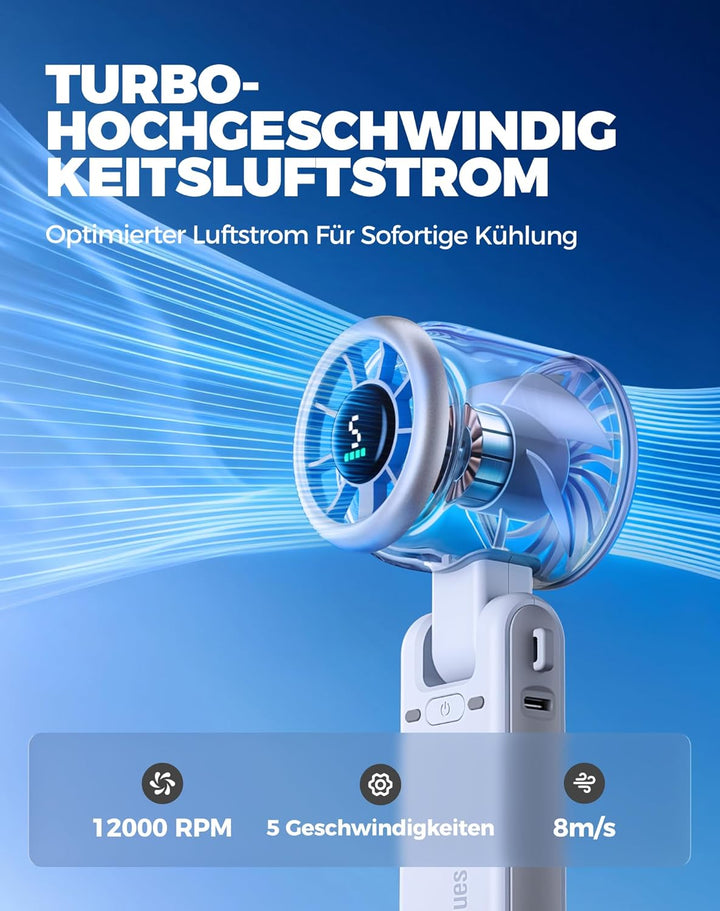 Diveblues Tragbarer Turbo Handventilator, 9m/s Hohe Geschwindigkeit, 5-stufiger Wind, wiederaufladba