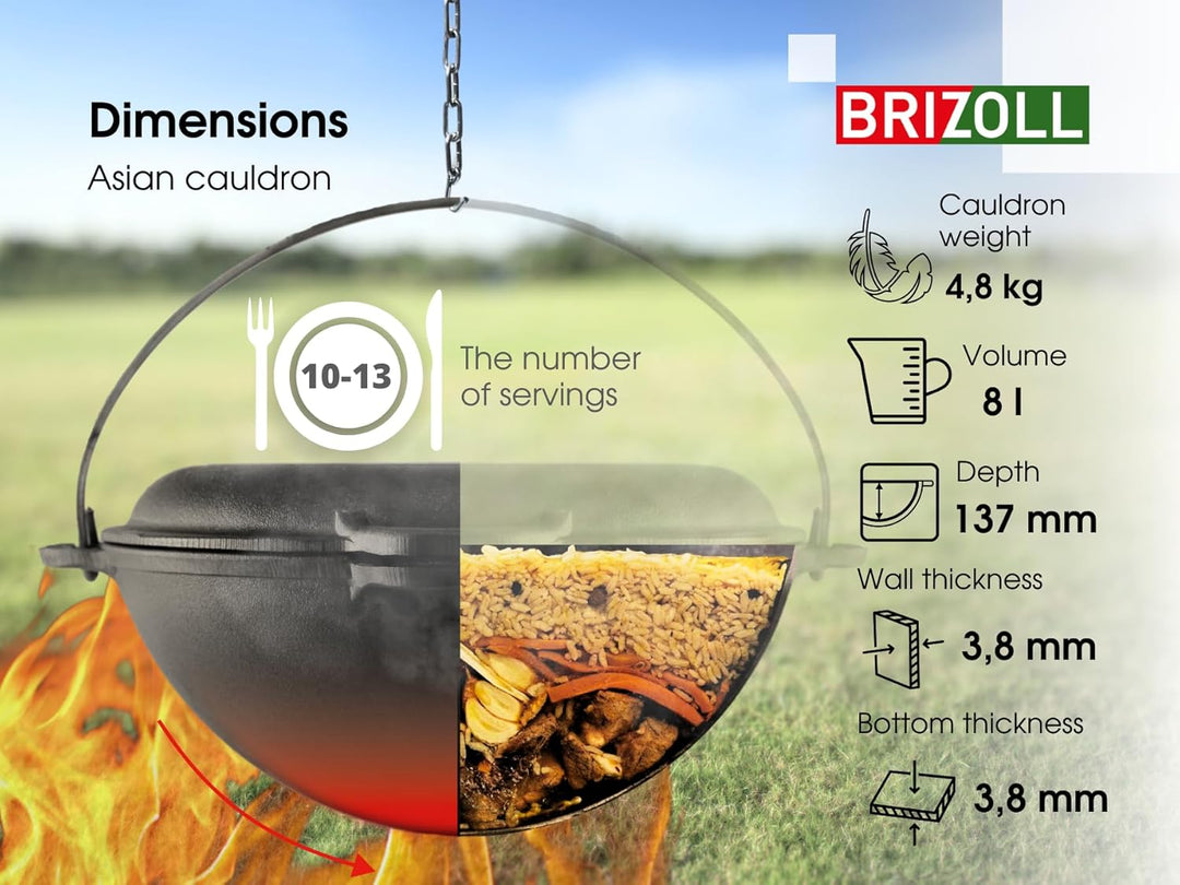 Brizoll Kazan Gusseisen Asian, mit Deckel, Bratpfanne, Dutch Oven, 8 l, Schwarz (KA08-3)