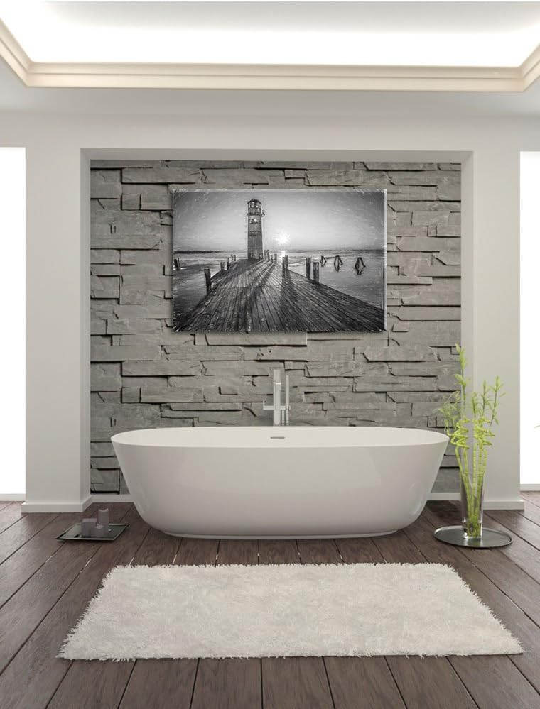 Pixxprint Leuchtturm am Steg als Leinwandbild/Grösse: 100x70 cm/Wandbild/Kunstdruck/fertig bespannt,