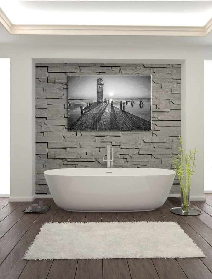 Pixxprint Leuchtturm am Steg als Leinwandbild/Grösse: 100x70 cm/Wandbild/Kunstdruck/fertig bespannt,