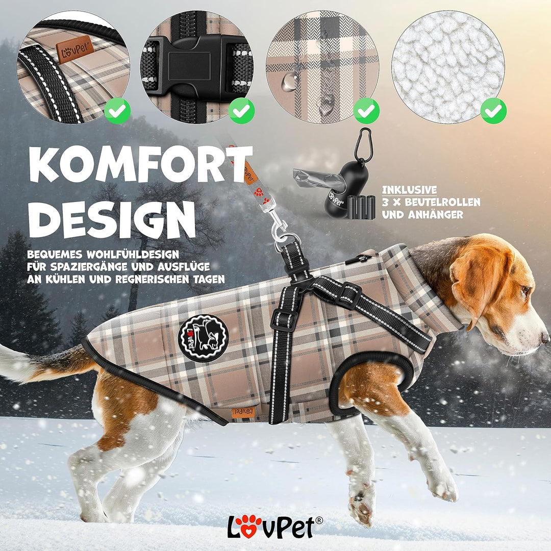 Hundejacke Hundemantel mit Geschirr, inkl. 45 Stück Kotbeutel + Spender, Hunde Winterweste gefüttert