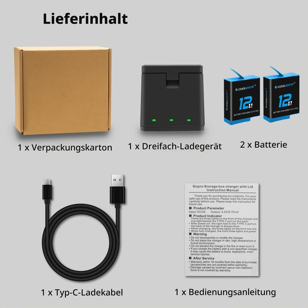COOLSHOW Hero 12 Akku Hero 11 Akku Hero 10/9 Akku 2 Stück mit Hero 12/11/10/9 Akku Ladegerät Kit 3 S