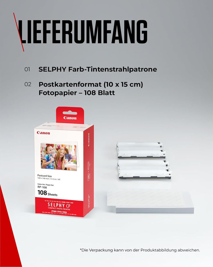 Canon RP-108 Original Farbband/Papierset Postkartengrösse 10x15cm für SELPHY CP-Drucker (108 Blatt,