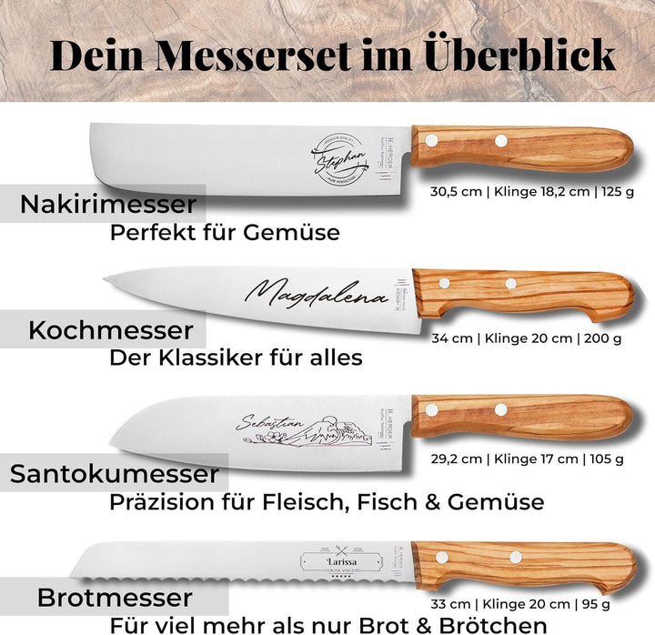 personalisiertes Premium Messer-Set von H. Herder mit Gravur – 4-teilig (Santoku, Nakiri, Koch- & Br