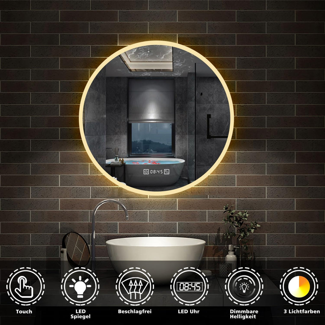 Aica Sanitär Badezimmerspiegel Rund 60cm mit Uhr 3 Lichfarbe dimmbar Memory Wand/Touchschalter Anti-