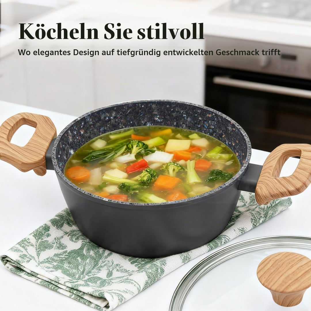 Topf &amp; Pfanne Set grosse Bratpfanne - keramikbeschichteter Aluminiumholzgriff, alle Herdplatten (3,