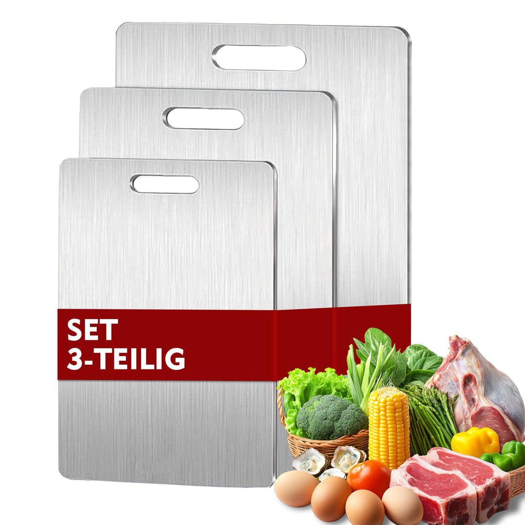 Titan Schneidebrett 3 Stück, Edelstahl Anti-Rutsch, Doppelseitig, Lebensmittelecht, BPA-frei, Titan
