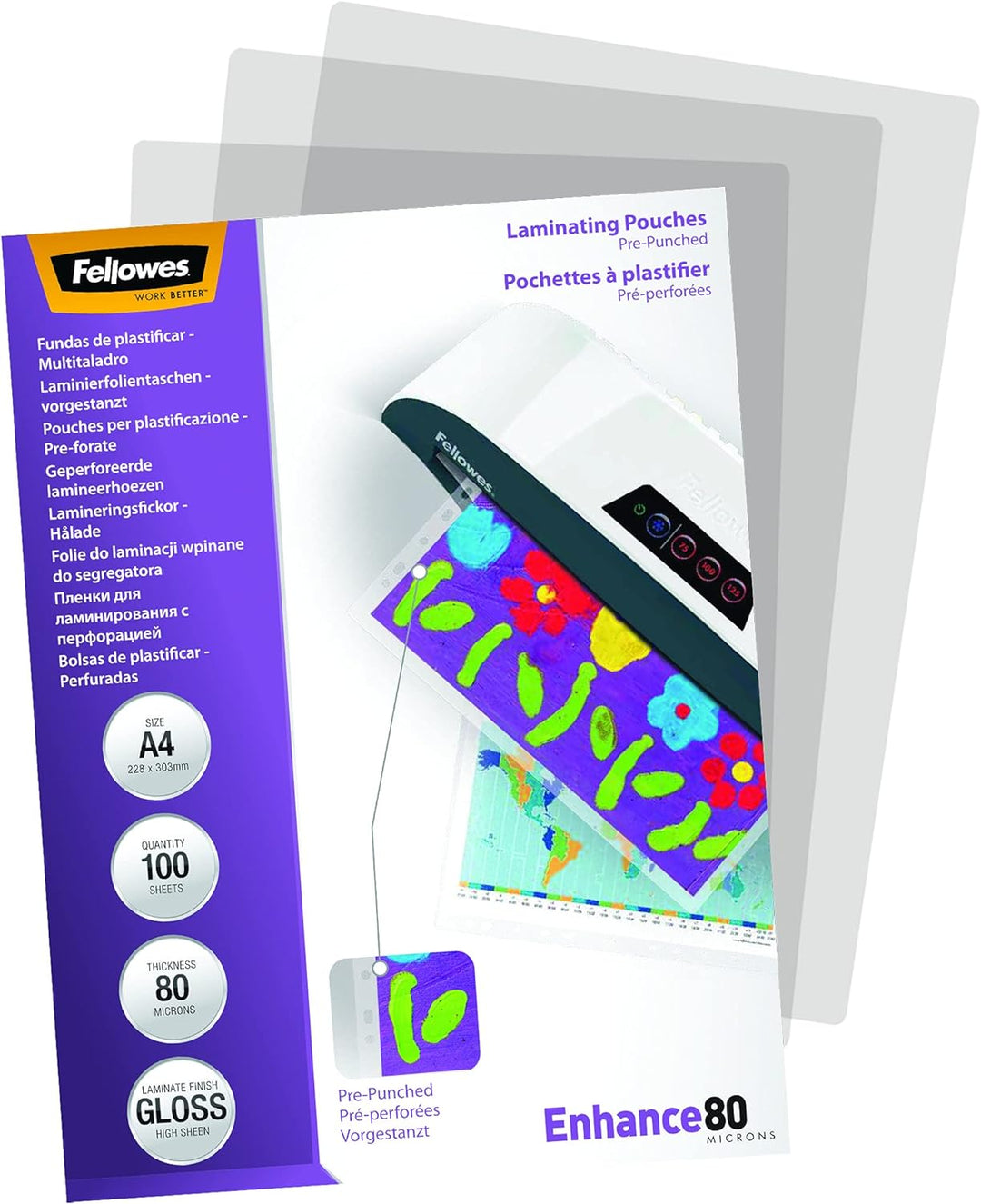Fellowes Laminierfolien A4, 80 Mikron (2 x 80 mic), mit Lochung zum Einheften, glänzend, 100 Stück
