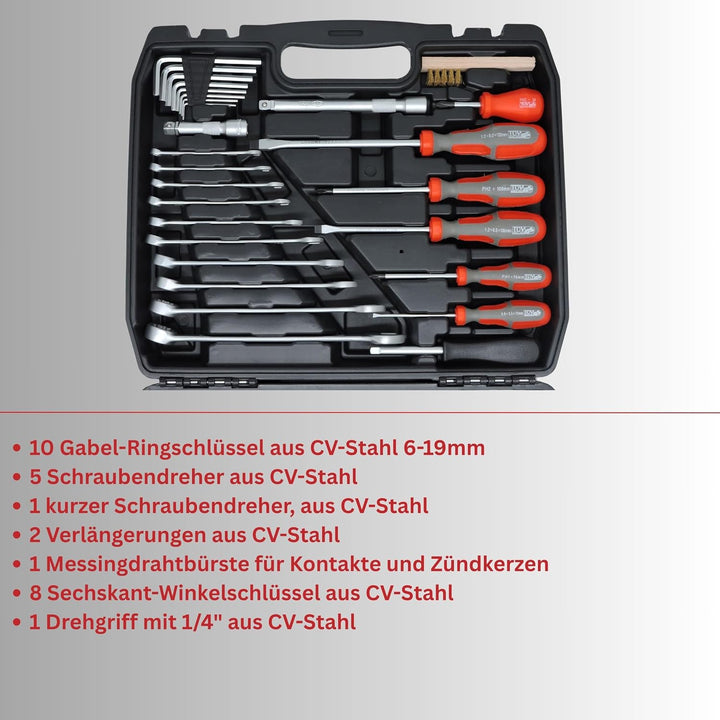 FAMEX 144-50 Werkzeugkoffer gefüllt bestückt mit hochwertigem Werkzeug Set - mit Steckschlüsselsatz,