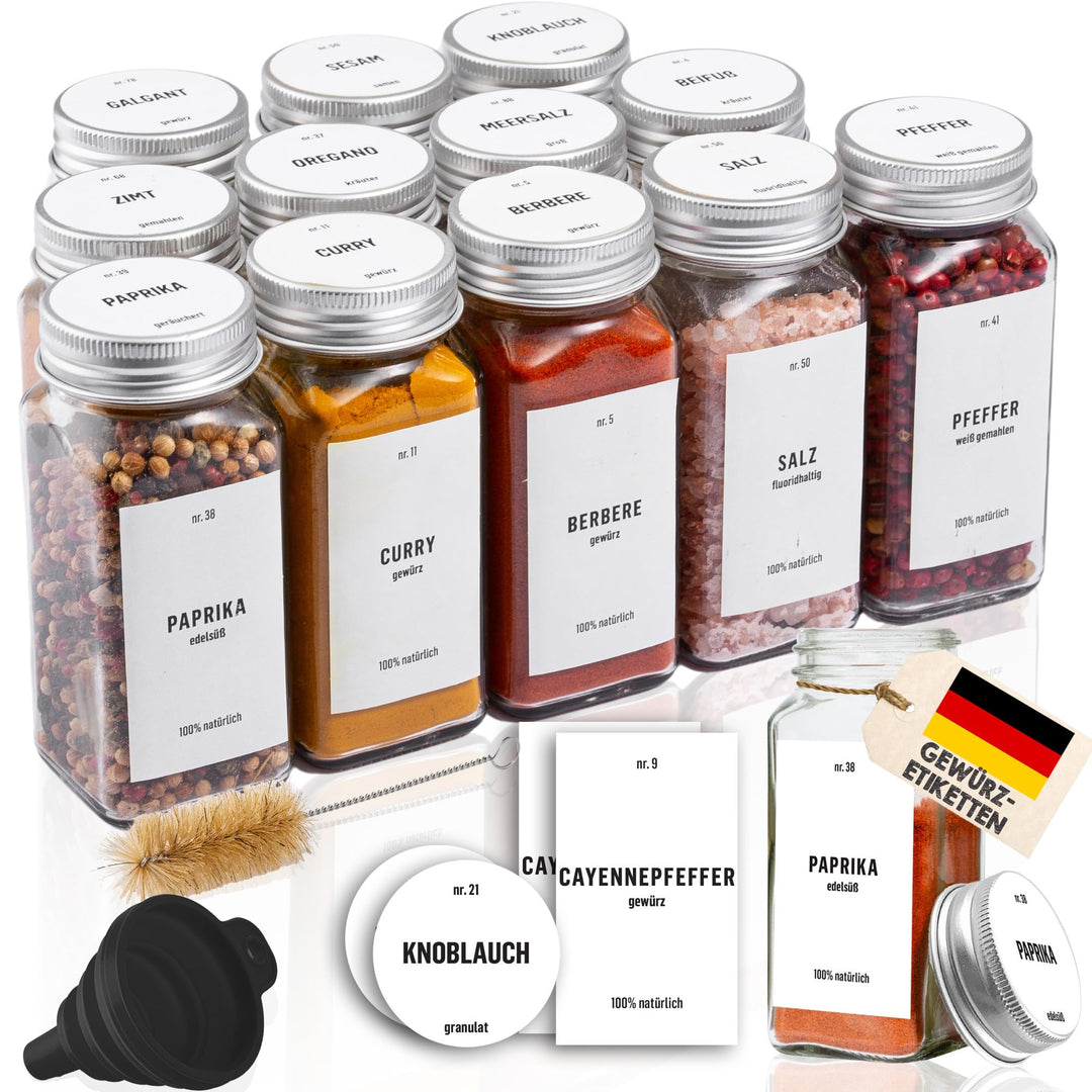 Deco haus® Gewürzgläser eckig luftdicht 12er Set [inkl. Etiketten & Streueinsatz] - Gewürzdosen Set