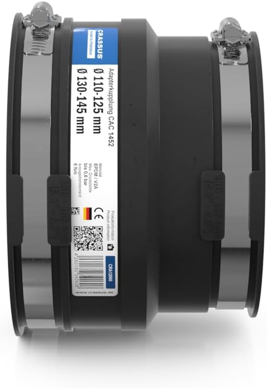 Crassus Adapterkupplung CAC 1452, EPDM / V2A, 1 Stück, 130-145 mm auf 110-125 mm, CRA12060, 130-145