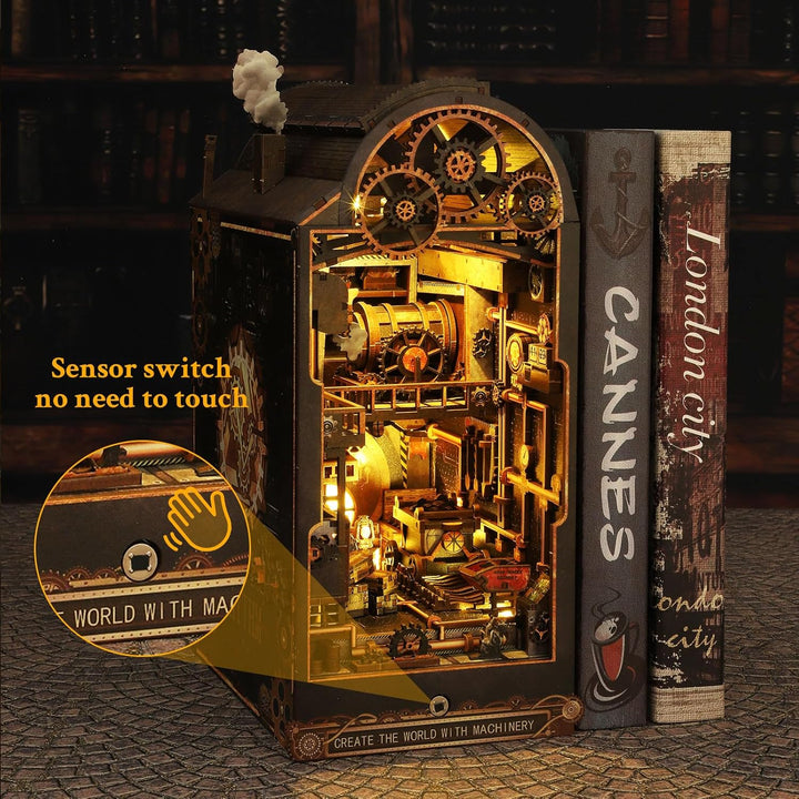 DIY Book Nook Kit - Miniatur Haus, 3D Holz Puzzle Buchstütze Bücherregaleinsatz mit LED-Sensorlicht,