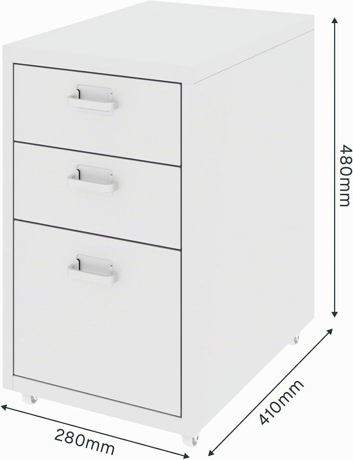 FLEXISPOT Rollcontainer Büroschrank mit 3 Schubladen, Aktenschrank Metallschrank Kommode mit Rädern,