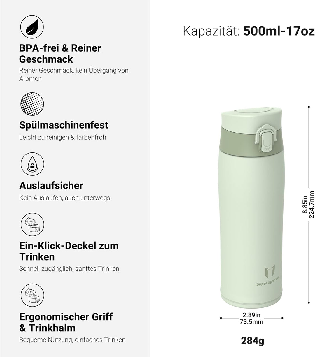 Super Sparrow Trinkflasche Edelstahl 18/8 - Trinkbecher - 500ml - BPA-Frei, Auslaufsicher Thermobech