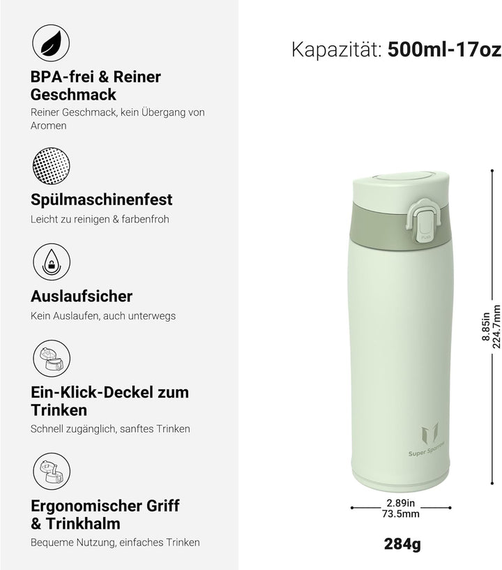 Super Sparrow Trinkflasche Edelstahl 18/8 - Trinkbecher - 500ml - BPA-Frei, Auslaufsicher Thermobech