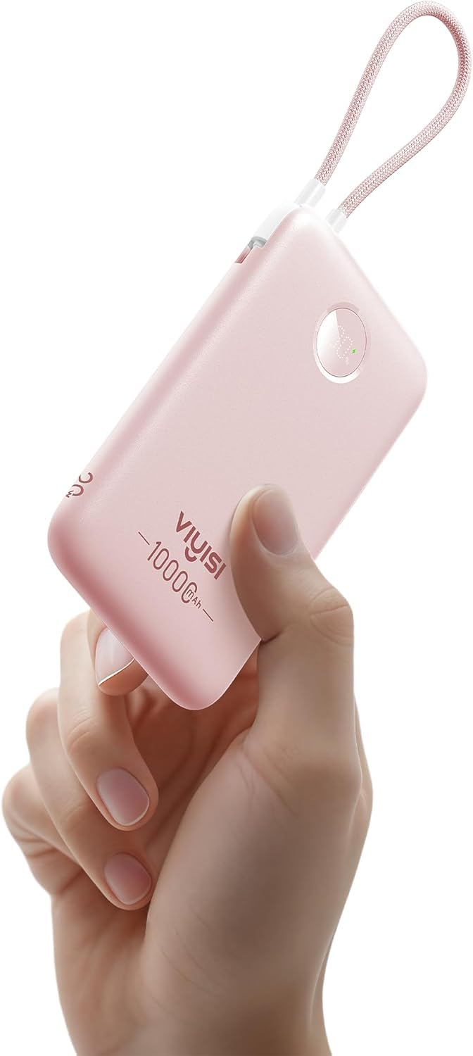 VIYISI Powerbank 10000mAh Ultradünn, 22.5W PD 20W Fast Charge mit Integriertem USB-C Kabel, LED-Anze