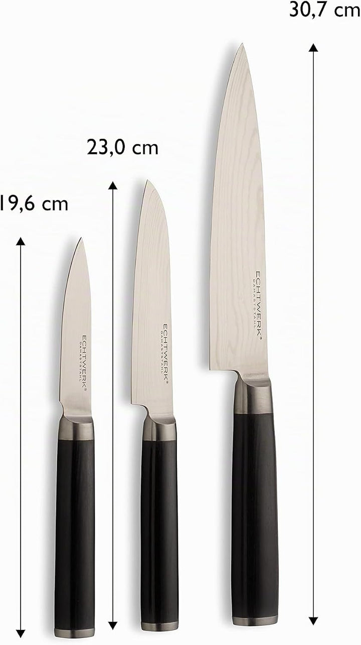 Echtwerk Damaszener Messer Set, 3-TLG, Kochmesser/Küchenmesser, kleines Santokumesser/ japanisches M
