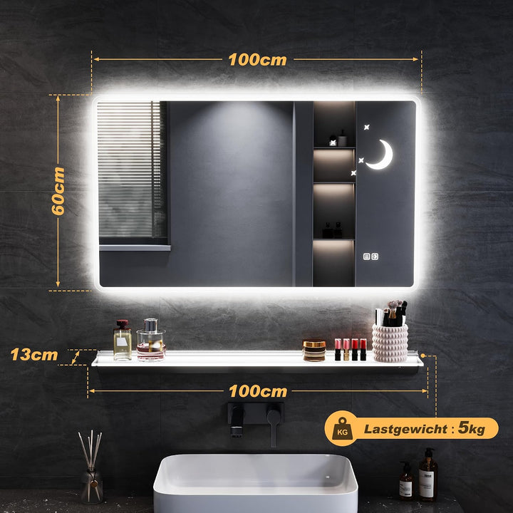 SONNI LED Badspiegel mit Stern-Mond-Dekoration 100x60 cm, Touch Badezimmerspiegel mit Steckdose, 3 L