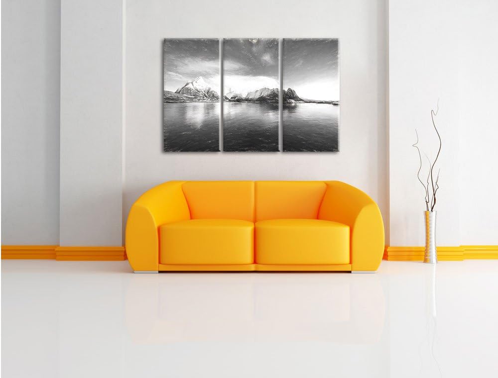 Pixxprint Lofoten in Norwegen Kunst Kohle Effekt 3-Teiler Leinwandbild 120x80 Bild auf Leinwand