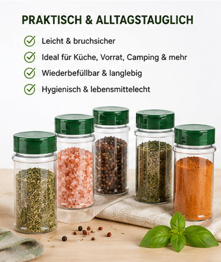 NaturGut 20 leere PET-Gewürzdose 100 ml mit UV-Schutz inkl. grüner Streuverschluss Dual Flap Flapper