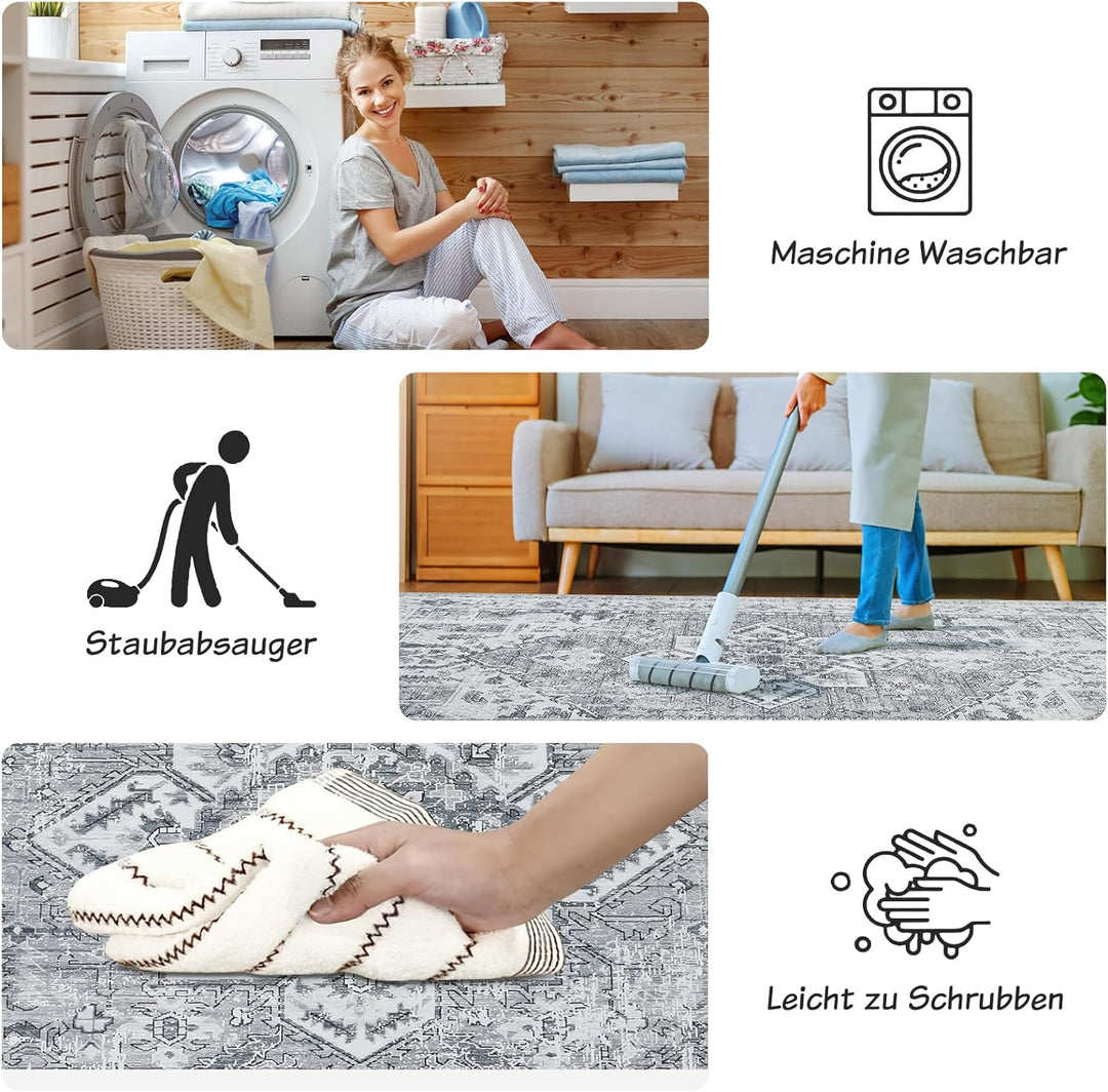 WONGS BEDDING Boho Teppich Wohnzimmer Schlafzimmer Kurzflor Teppiche Waschbar Weich rutschfest Vinta