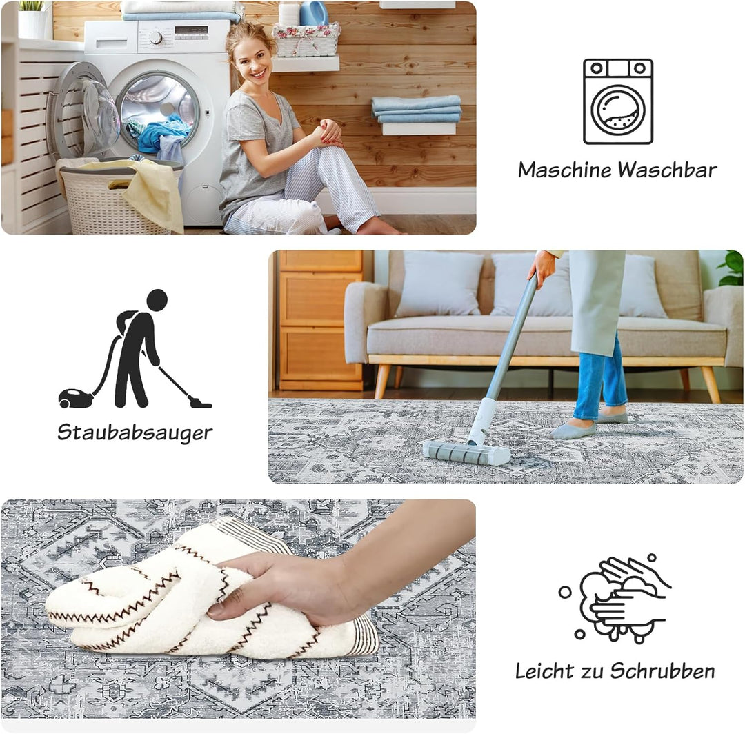 WONGS BEDDING Boho Teppich Wohnzimmer Schlafzimmer Kurzflor Teppiche Waschbar Weich rutschfest Vinta