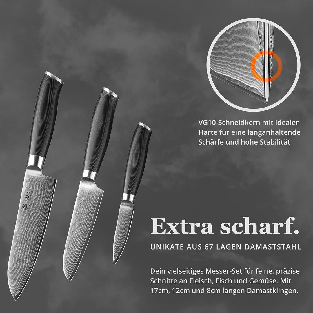 Wakoli 3er Damastmesser-Set mit Klingenlängen von 8,50 bis 17 cm extrem scharf aus 67 Lagen I Hochwe