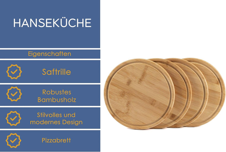 Hanseküche 4er Set Frühstücksbrettchen Bambus Rund Ø 25cm – Nachhaltiges Schneidebrett Set mit Saftr